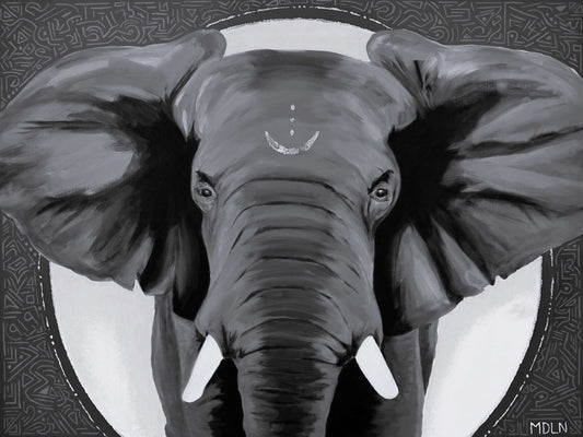 Elephant in acrylic on canvas in black and white