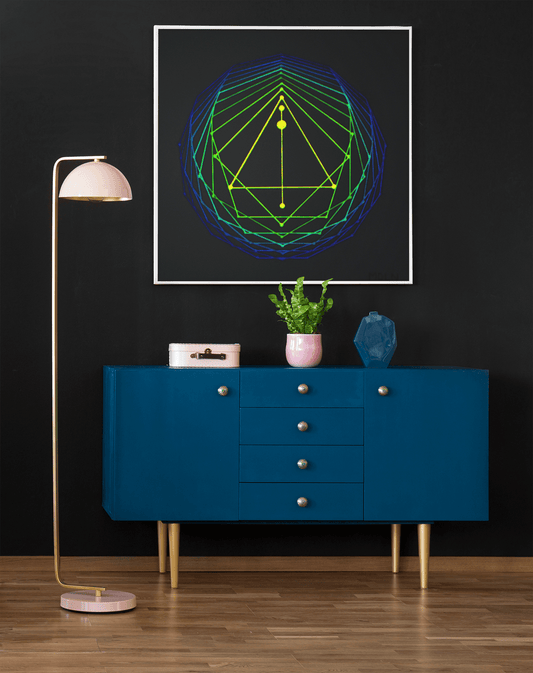 Sacred geometry art print above a clothes dresser