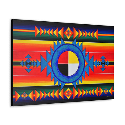 A bright and colorful Indigenous Medicine Wheel art print on canvas, slightly angled to show the deep frame