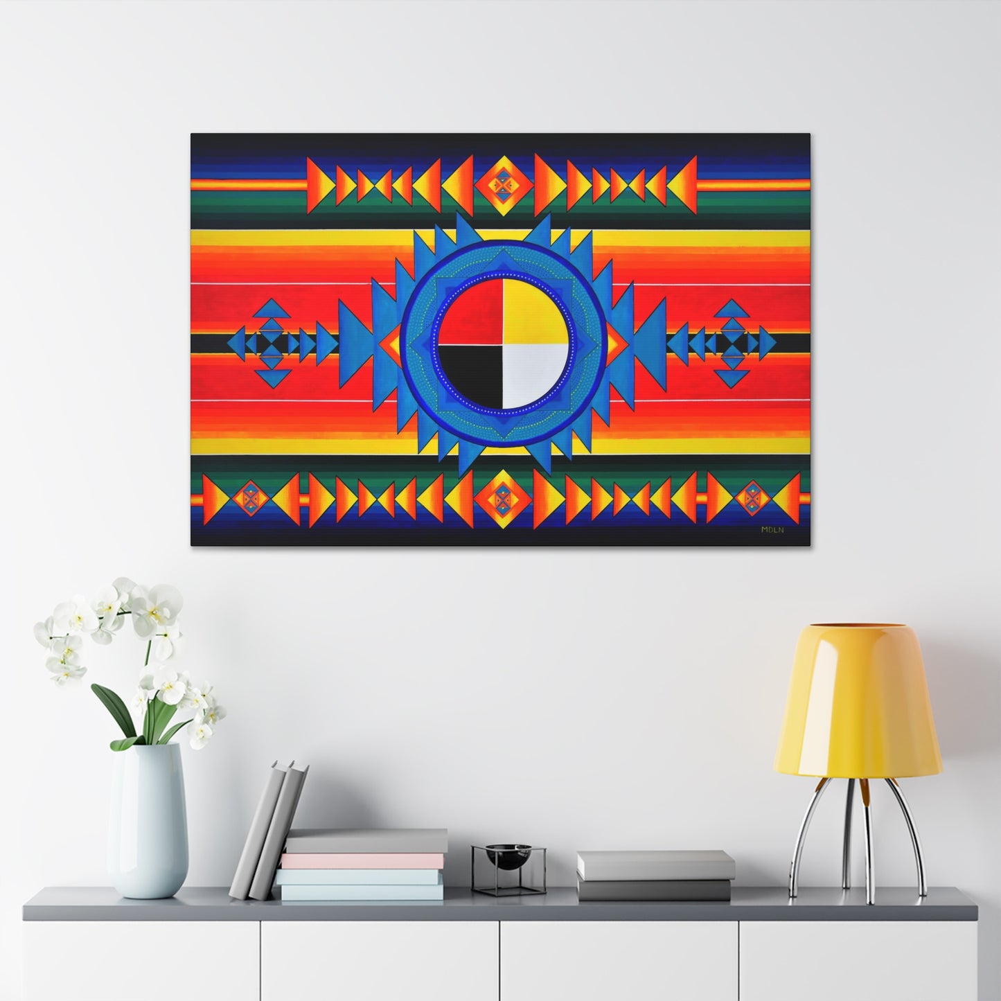 A colorful Indigenous Medicine Wheel art print on canvas hanging on the wall over some cabinets