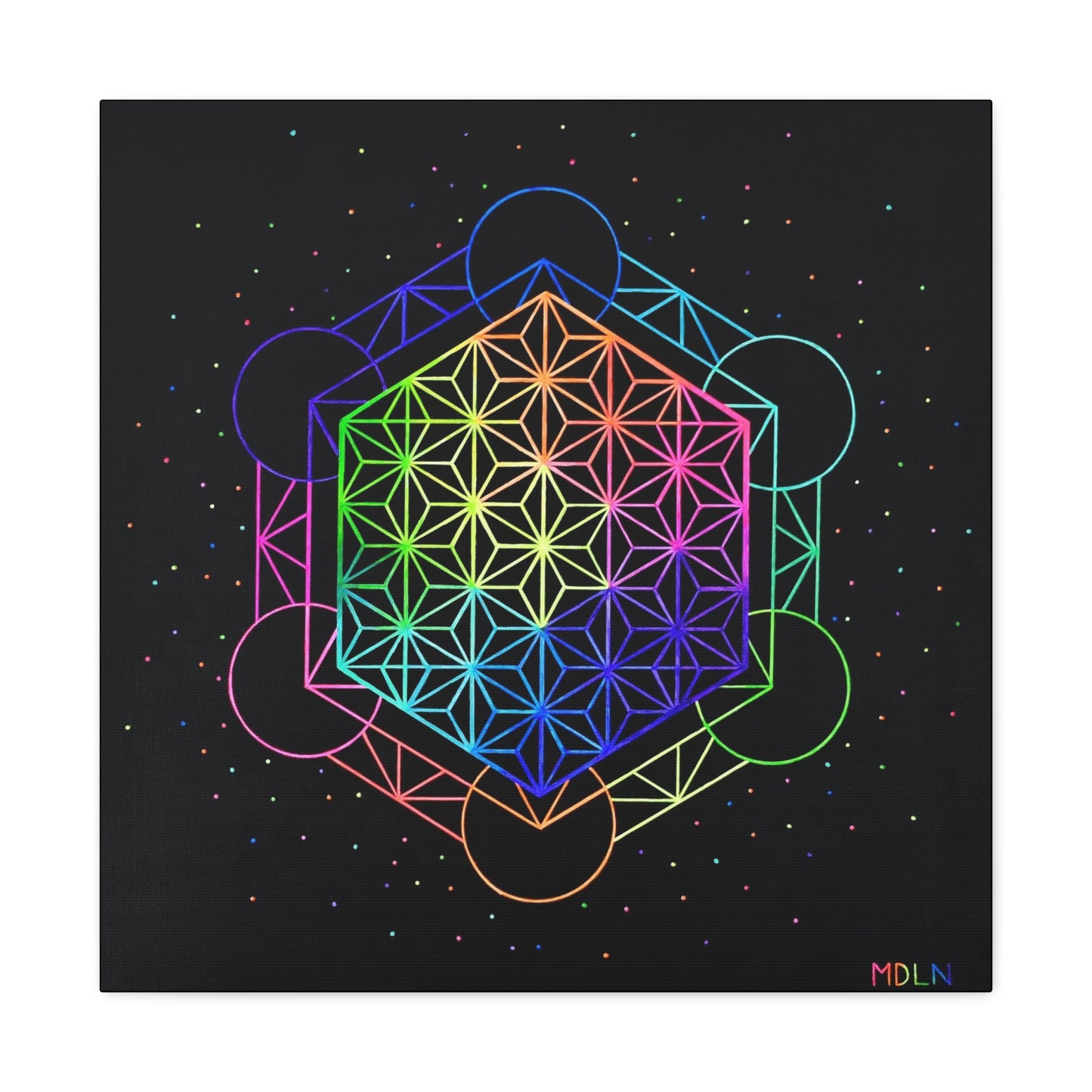 A bright and colorful sacred geometry art print on canvas of Metatrons cube sacred geometry overlayed by the flower of life sacred geometry