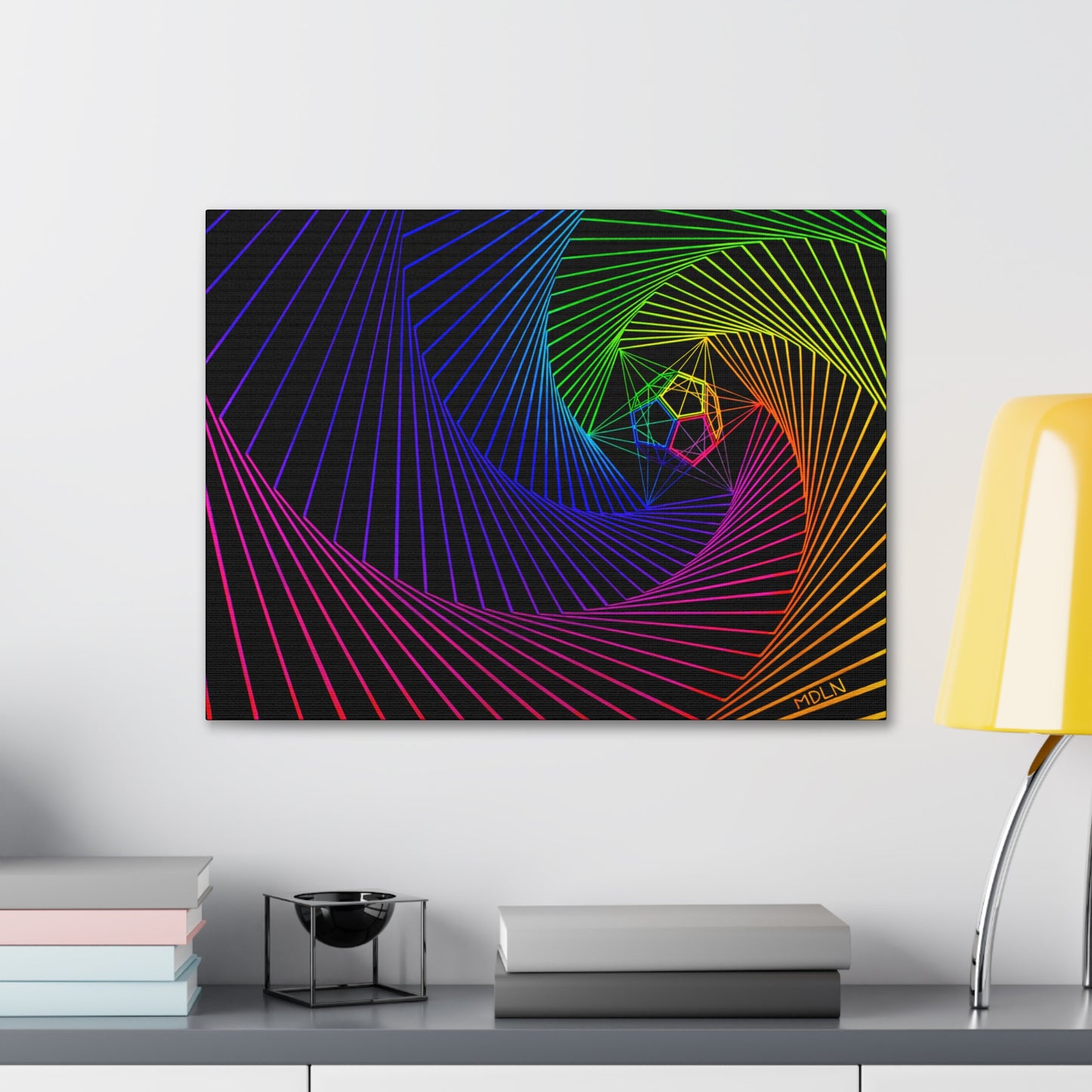 Sacred Geometry Art Canvas Art Print painting showing The Dodecahedron which represents The Aether, inside a spiral of lines all bright neon colors hanging on the wall over a desk