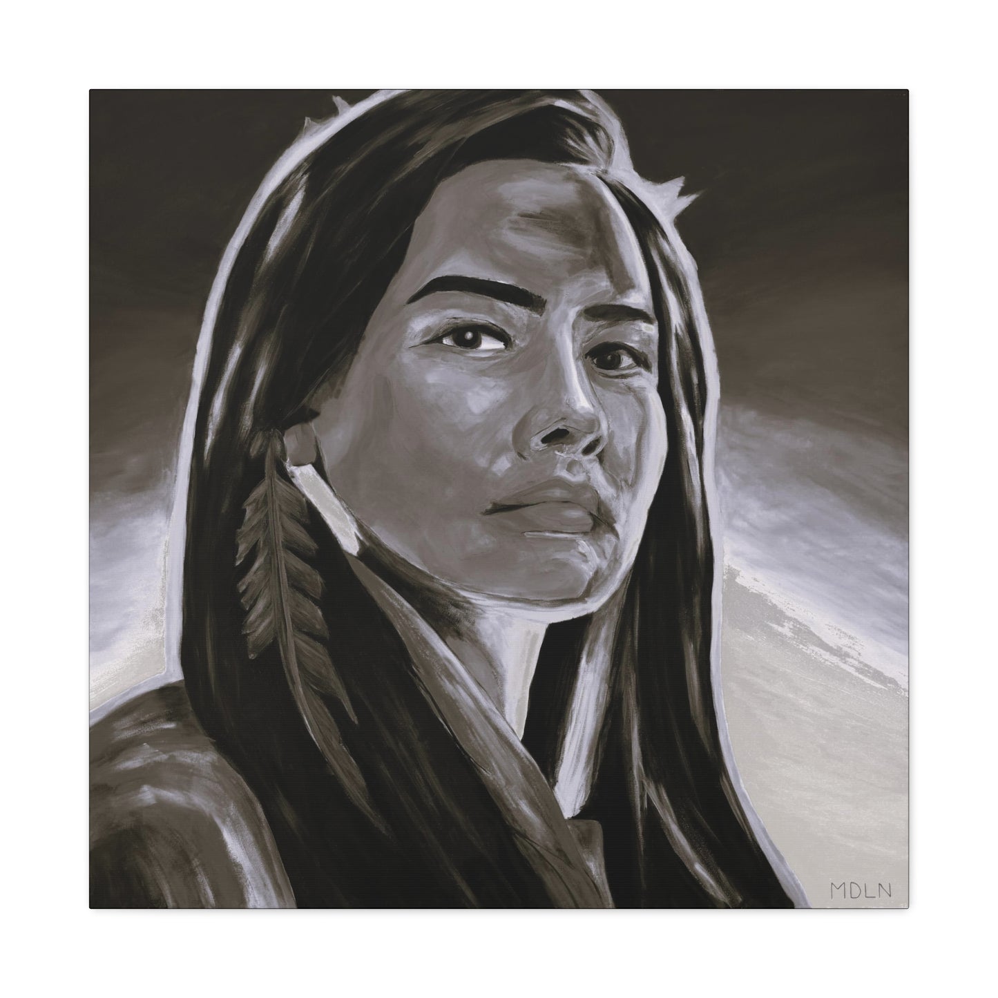 A black and white Indigenous art print on canvas of an Aboriginal Woman with feather earring