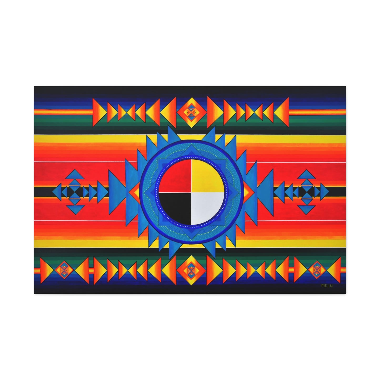 A beautifully colorful Indigenous Medicine Wheel art print on canvas