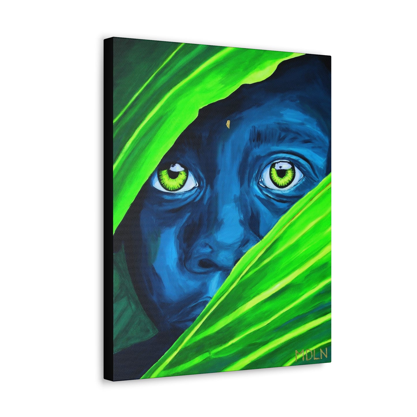 A art print on canvas of a blue African Boy with bright yellow eyes peaking from behind some bright green palm leaves