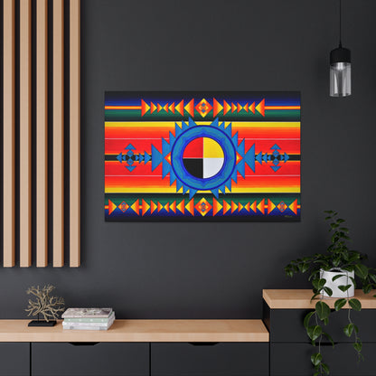 A color Indigenous Medicine Wheel art print on canvas hanging on the wall over a table