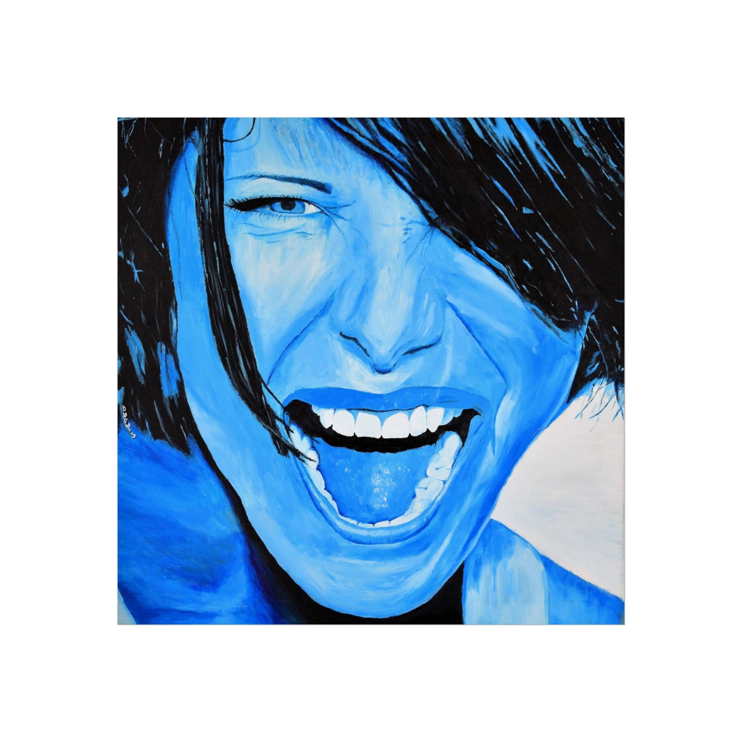 A bright blue giclee art print of a passionate woman showing emotions, woman portrait art