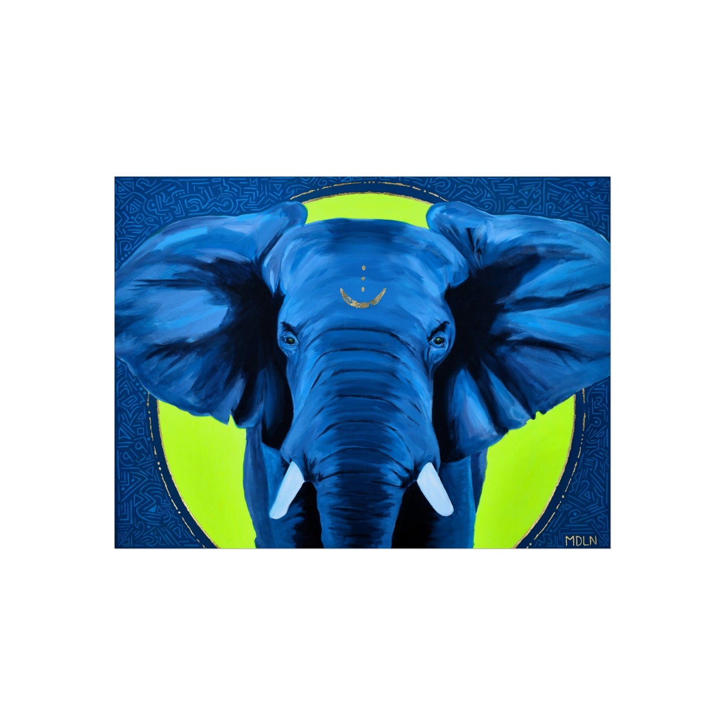 A blue and yellow African Elephant art print