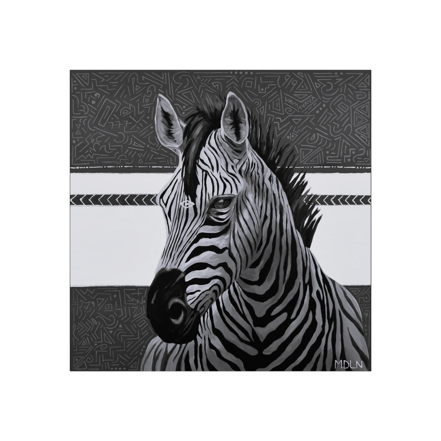 A black and white giclee art print of a majestic zebra painting with abstract background, zebra art