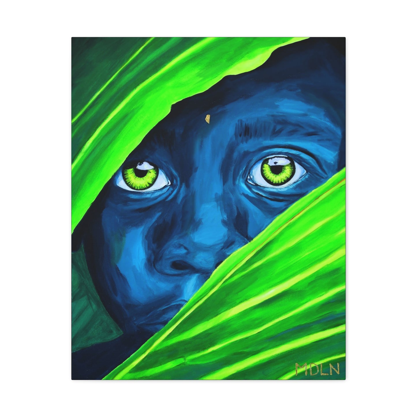 A bright and beautiful colored art print on canvas of a blue African Boy with yellow eyes peaking out from behind bright green palm leaves