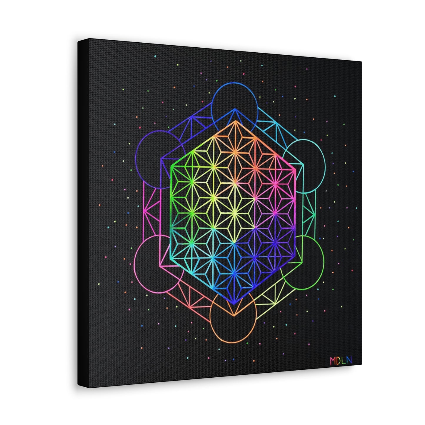 An angled view of a sacred geometry art print on canvas in bright neon colors of Metatrons cube sacred geometry overlayed with the flower of life sacred geometry