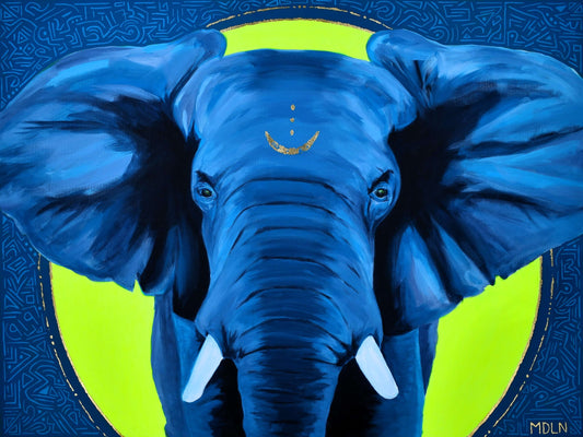 Blue and neon yellow African elephant art print on canvas