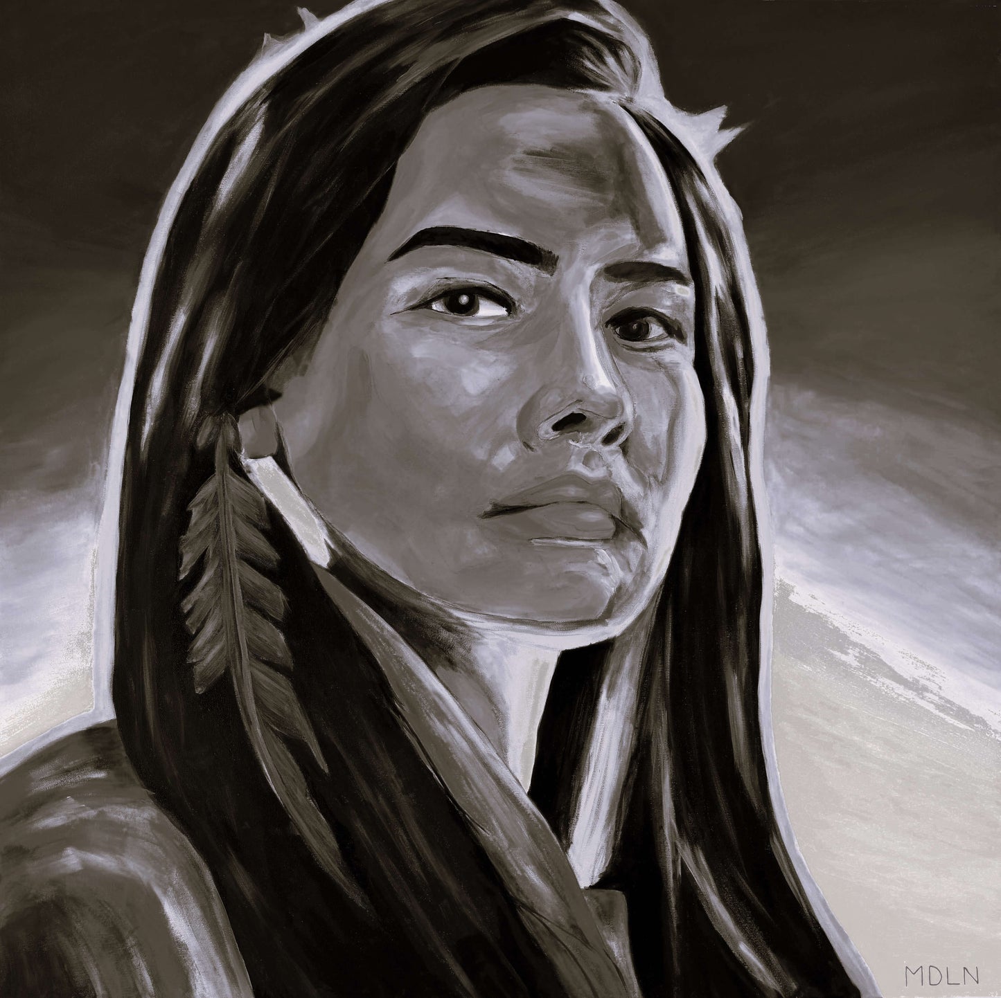 Black and white Indigenous art print on canvas of an Aboriginal Woman with feather earring