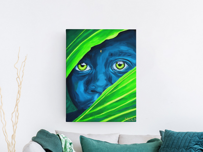 An original art acrylic painting of an African boy with bright eyes peaking out from behind some palm leaves, hanging on the wall over a white couch