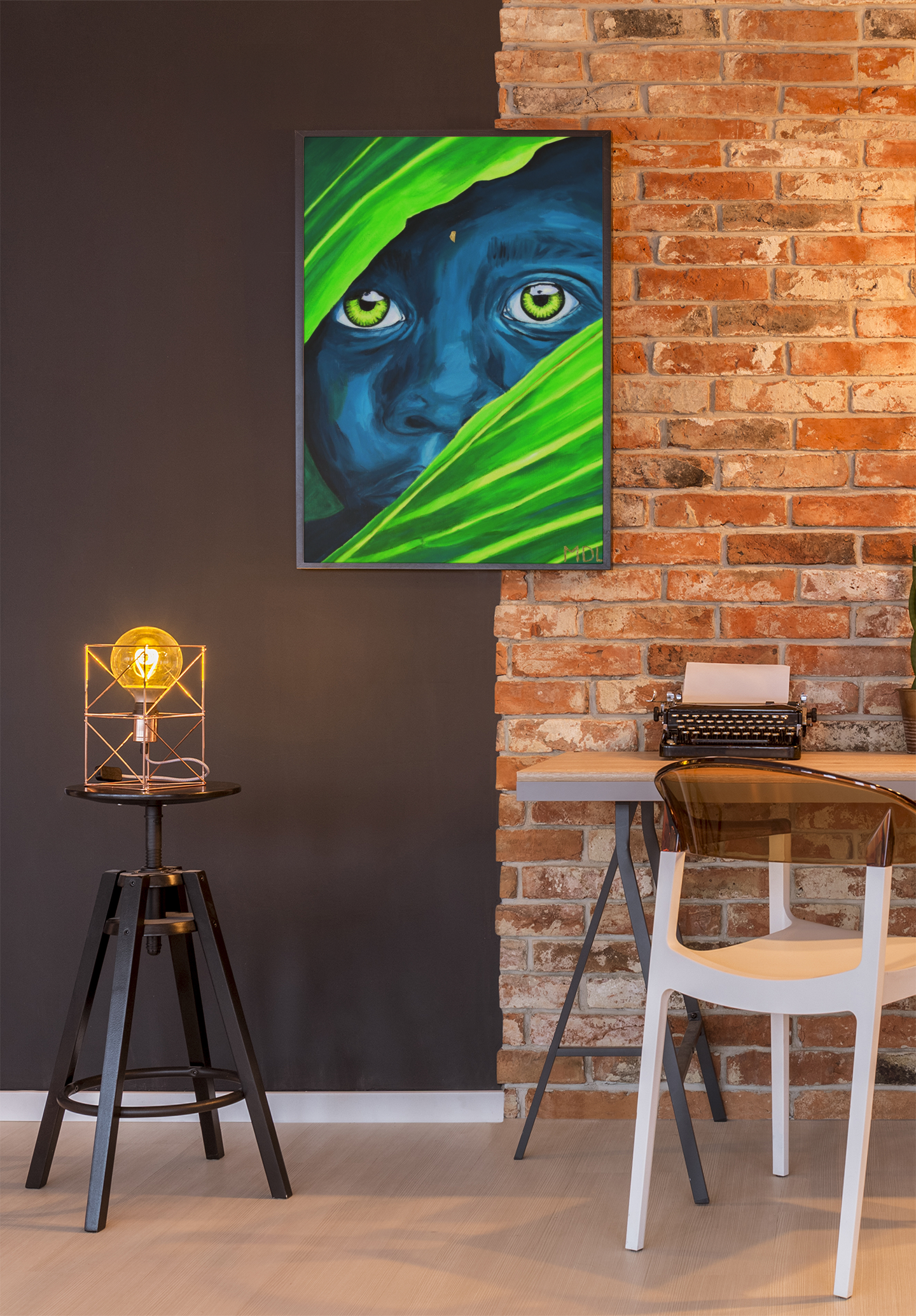 An original acrylic painting of an African Boy with wide bright eyes hiding beyond some palm leaves displayed on a brick wall in an office