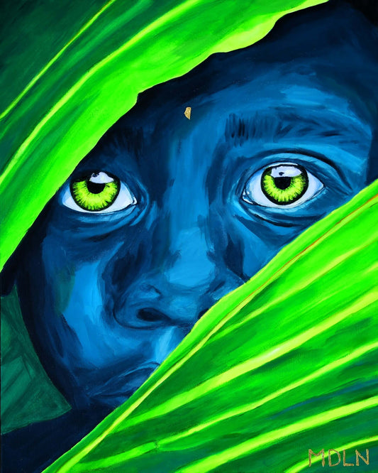 An art print on canvas of a blue African Boy with bright yellow eyes cautiously peaking out from behind some bright green palm leaves