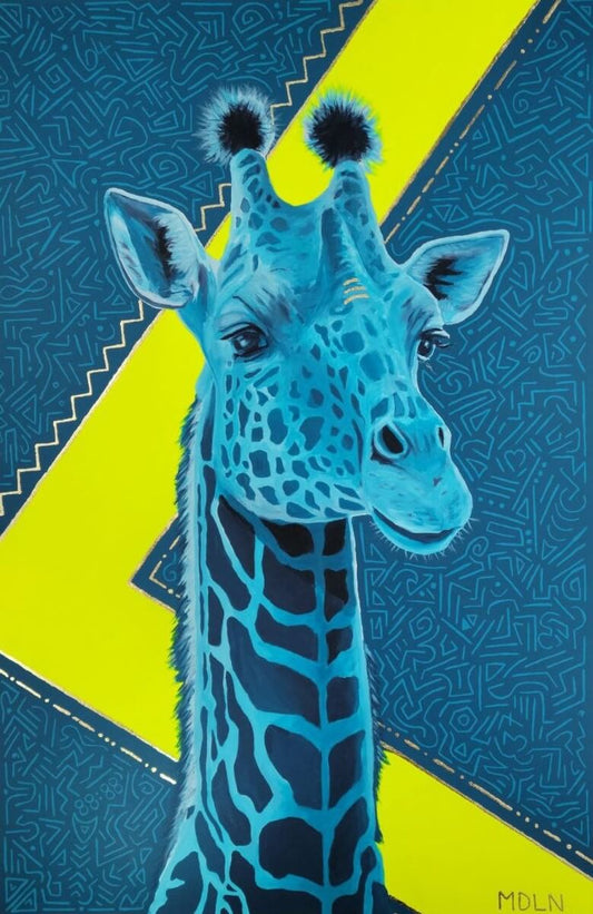 Canvas Print of an Original Acrylic painting with gold leaf of a majestic blue Giraffe Drawing with a blue and neon yellow background
