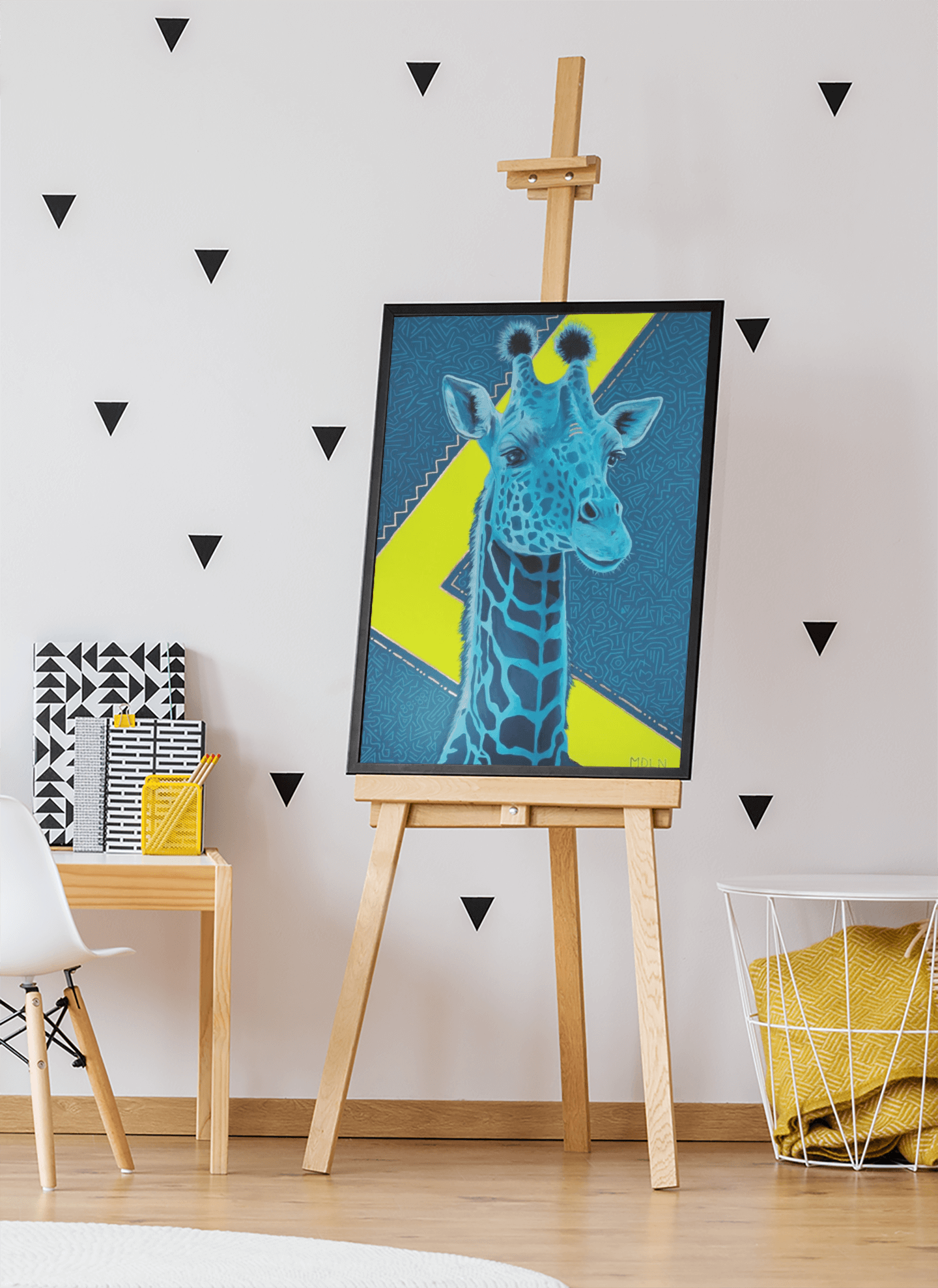 Giclee art print of an Original Acrylic painting with gold leaf of a majestic blue Giraffe Drawing with a blue and neon yellow background, sitting on an easel in an art room
