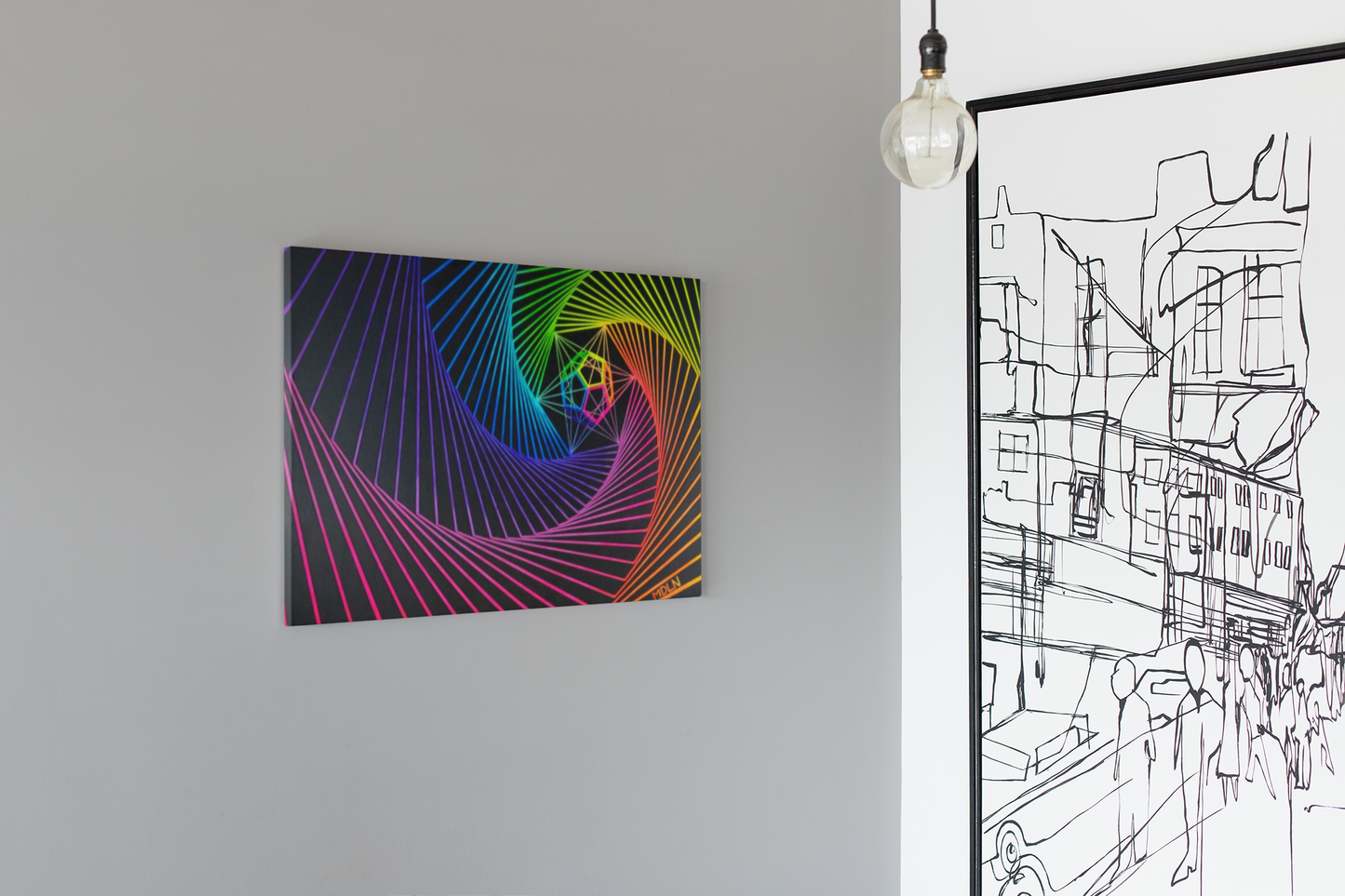 Sacred Geometry Art Canvas Print painting showing The Dodecahedron which represents The Aether, inside a spiral of lines all bright neon colors, hanging on the wall