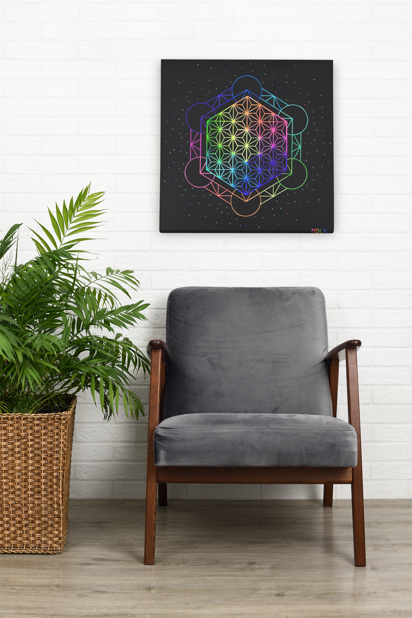 Bright neon sacred geometry art print on canvas of Metatrons Cube and the Flower of life mandala