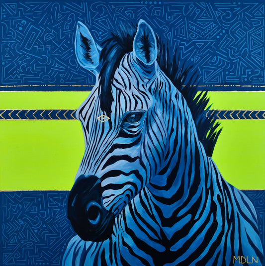 A bright and bold art print on canvas of a majestic zebra painting with blue and neon yellow abstract background, zebra art