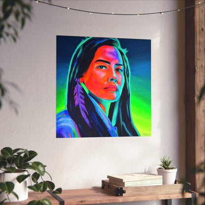 A bright and bold Indigenous giclee art print of an Aboriginal Woman with feather earring hanging on a wall over a table