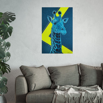 Giclee art print of an Original Acrylic painting with gold leaf of a majestic blue Giraffe Drawing with a blue and neon yellow background, hanging on the wall over a couch
