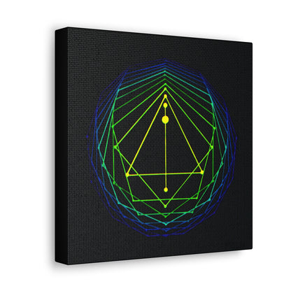 Angled view of a canvas print of an original acrylic painting of sacred geometry in blue/green/yellow tones