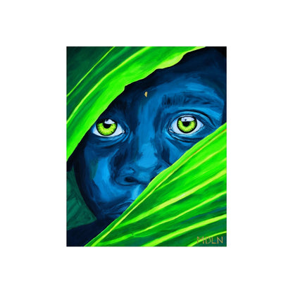 A high quality giclee art print of a blue African Boy with bright yellow eyes curiously peaking out from behind bright green palm leaves