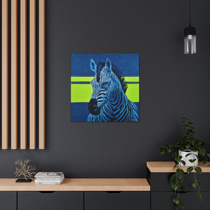 A bright and bold art print on canvas of a majestic zebra painting with blue and neon yellow abstract background, zebra art hanging on a wall over cabinets in an office