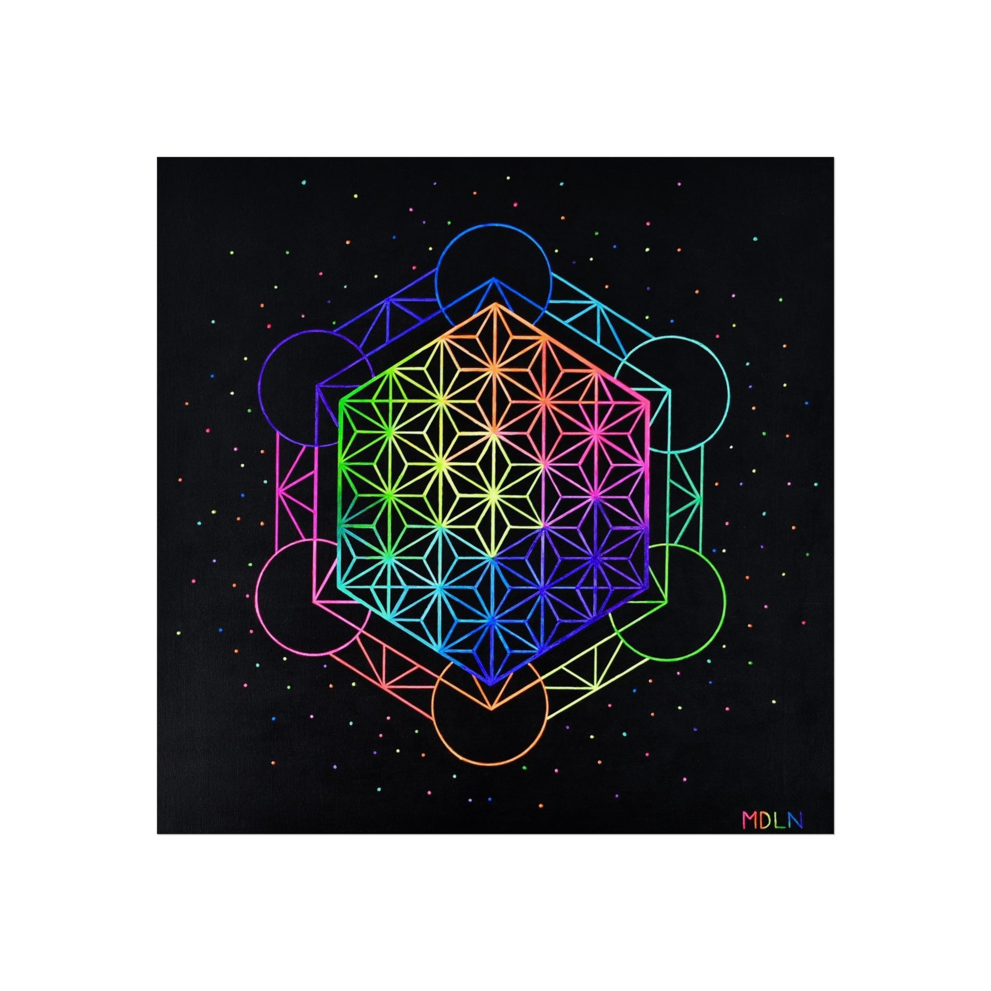 A bright and colorful sacred geometry giclee art print of Metatrons cube sacred geometry overlayed by the flower of life sacred geometry art