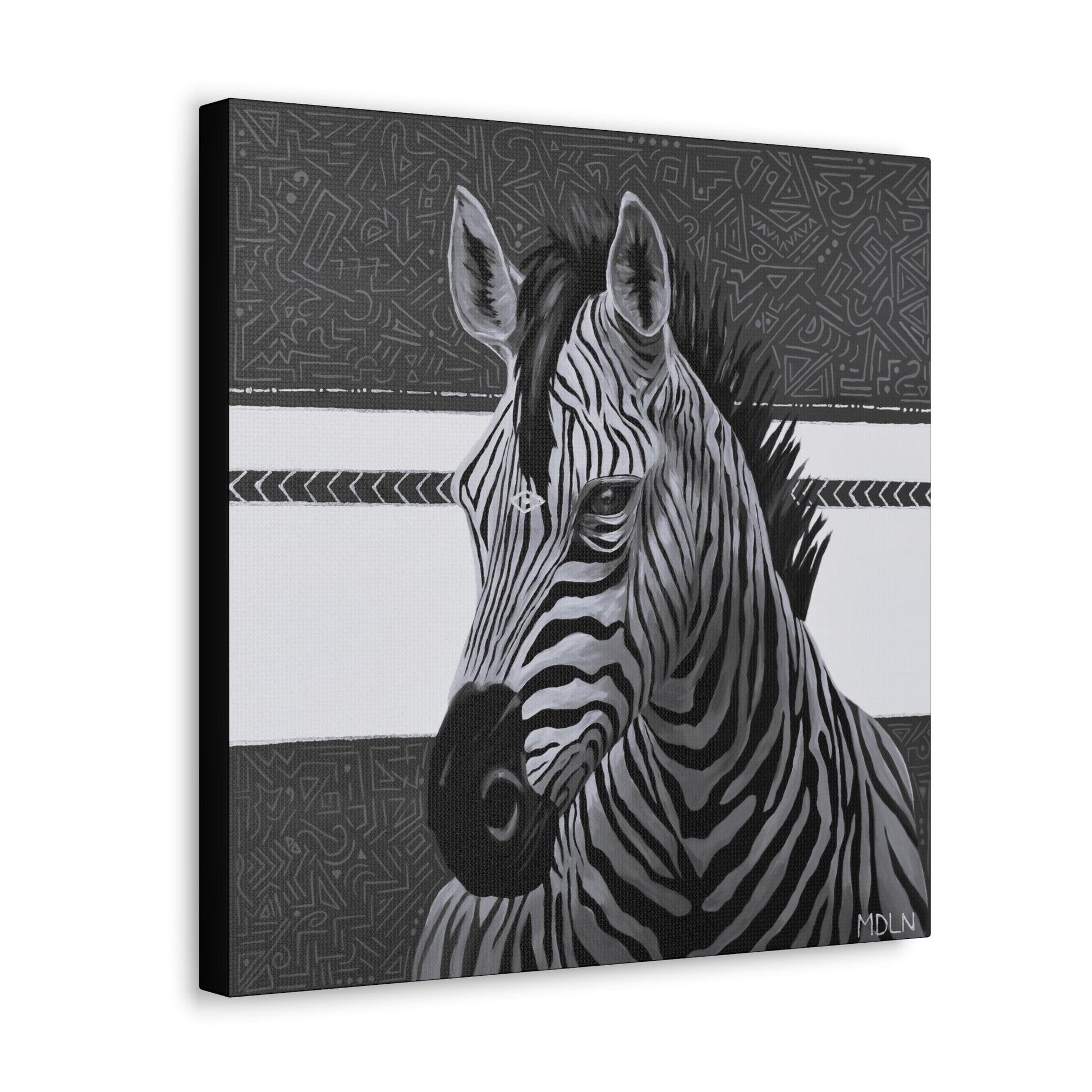 An angled view of A black and white art print on canvas of a majestic zebra painting on canvas with abstract background, zebra art