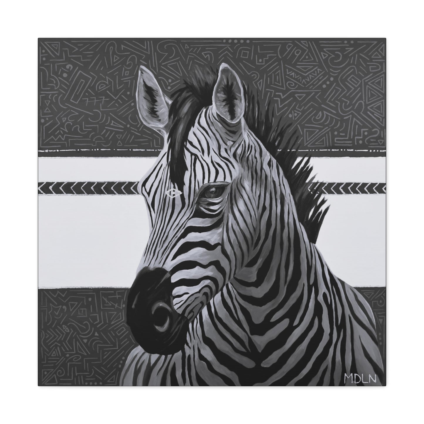 A black and white art print on canvas of a majestic zebra painting on canvas with abstract background, Zebra art