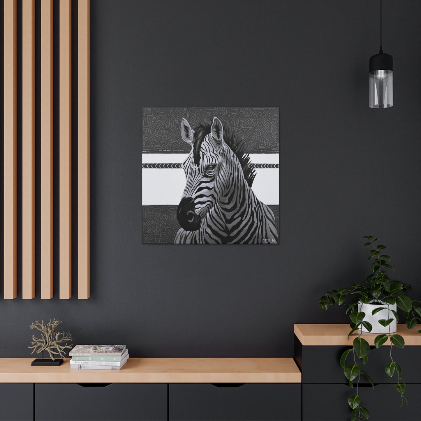 A black and white art print on canvas of a majestic zebra painting on canvas with abstract background, hanging on a wall over cabinets in an office, zebra art