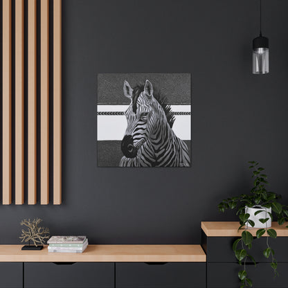 A black and white art print on canvas of a majestic zebra painting on canvas with abstract background, hanging on a wall over cabinets in an office, zebra art