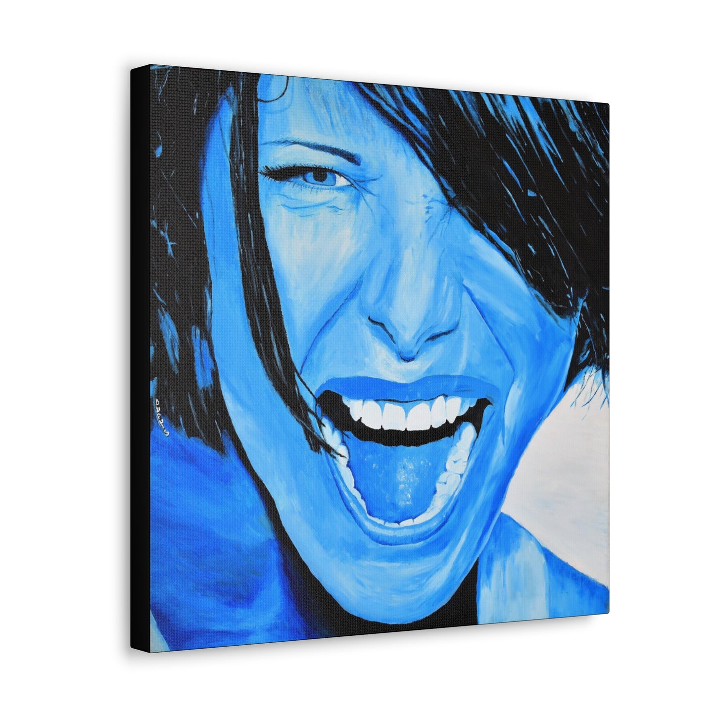 An angled view of a bright blue art print on canvas of a passionate woman showing emotions, woman portrait art