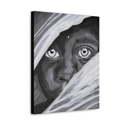 A side angle of a black and white art print on canvas of an African Boy showcasing the deep frame