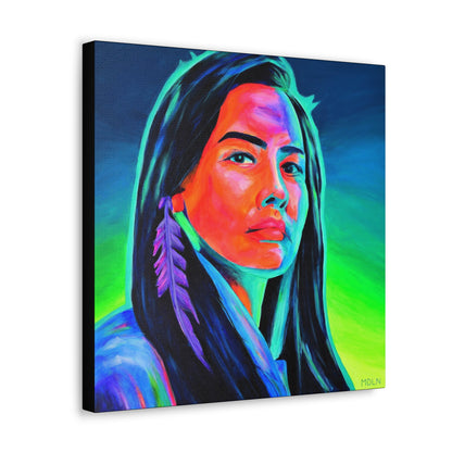 An angled view of an Indigenous art print on canvas of an Aboriginal Woman with feather earring, showcasing the deep frame of the canvas