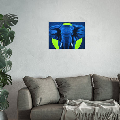 A blue and yellow African Elephant art print hanging on the wall over a grey couch