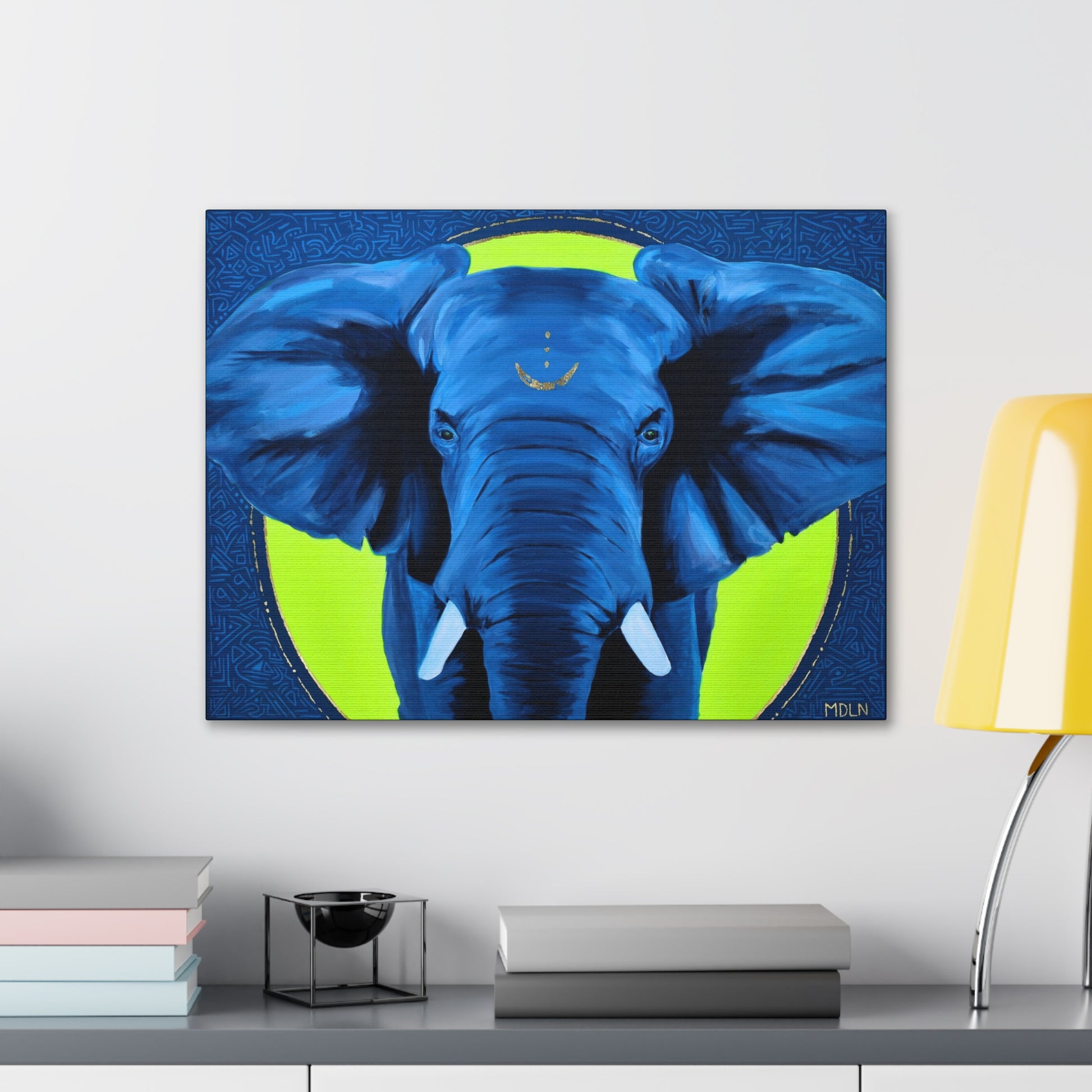 A small African Elephant art print on canvas hanging on the wall over a desk