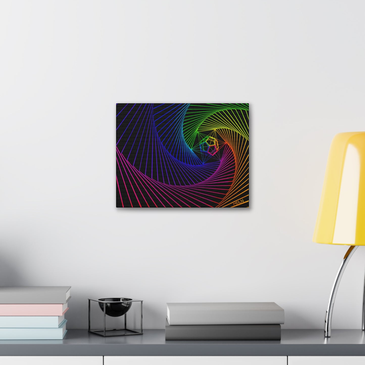 Sacred Geometry Art Canvas Art Print painting showing The Dodecahedron which represents The Aether, inside a spiral of lines all bright neon colors hanging on the wall over a desk