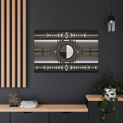 A black and white Indigenous Medicine Wheel art print on canvas hanging on a black office wall