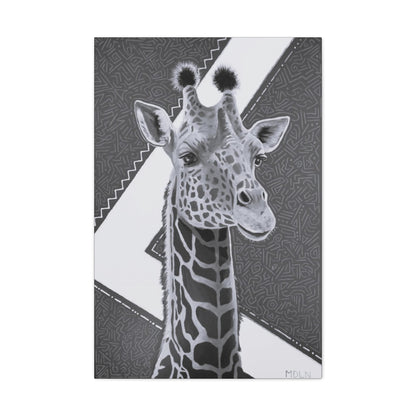 Black and White Canvas print of an original acrylic painting with gold leaf, of a majestic giraffe, with geometric background
