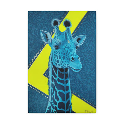 Canvas print of an Original Acrylic painting with gold leaf of a majestic blue Giraffe Drawing with a blue and neon yellow background