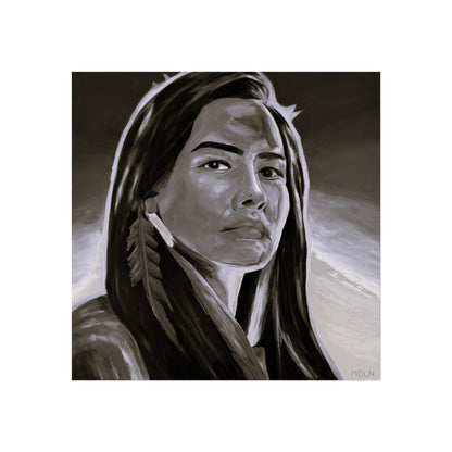 Beautiful black and white Indigenous giclee art print of an Aboriginal Woman with feather earring