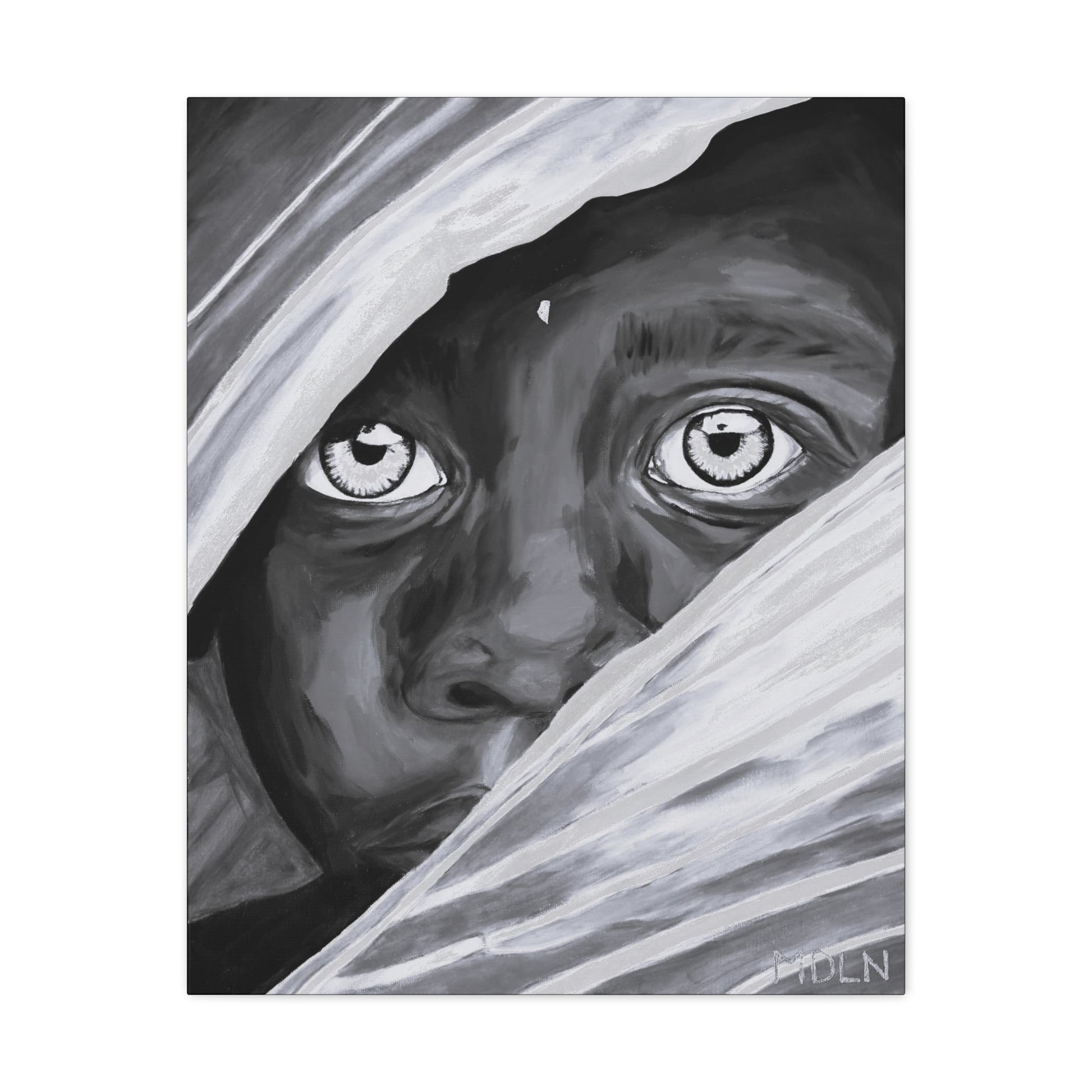 A black and white art print on canvas of an African Boy with eyes wide open cautiously peaking out from behind palm leaves