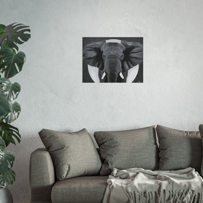 Black and white African elephant art print hanging on the wall over a grey couch next to a plant