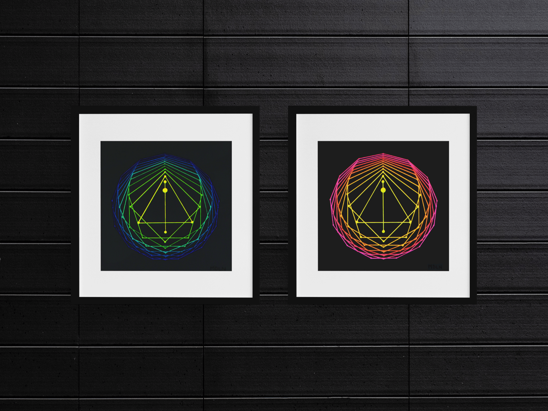 Sacred Geometry Art Original Acrylic Painting in neon yellow, green and blue with another one in yellow, orange and pink, both framed, hanging on a wall next to each other