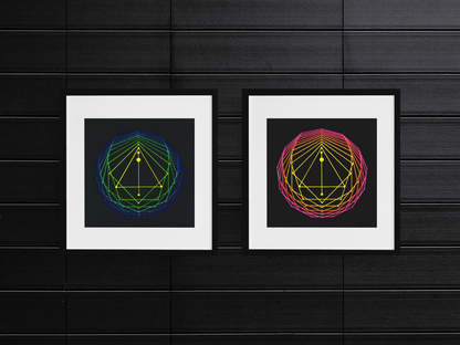 Giclee art print of an original acrylic painting of sacred geometry in blue/green/yellow tones next to the same version in pink/orange/yellow, both framed, hanging on the wall