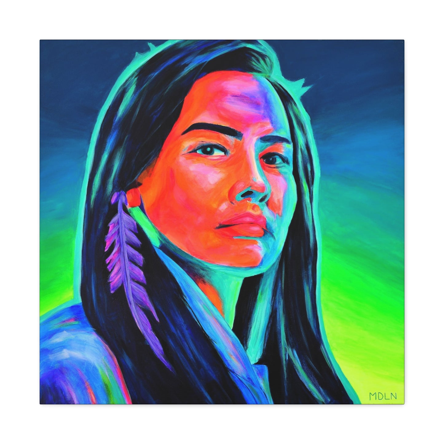 A bright, colorful and bold Indigenous art print on canvas of an Aboriginal Woman with feather earring, painted by Vancouver Island artist Madeleine Dupuis